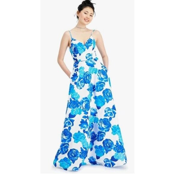 City Studios Junior Women 5 Blue Floral V Neck Corset Back Gown NWT BB86 - Picture 1 of 7